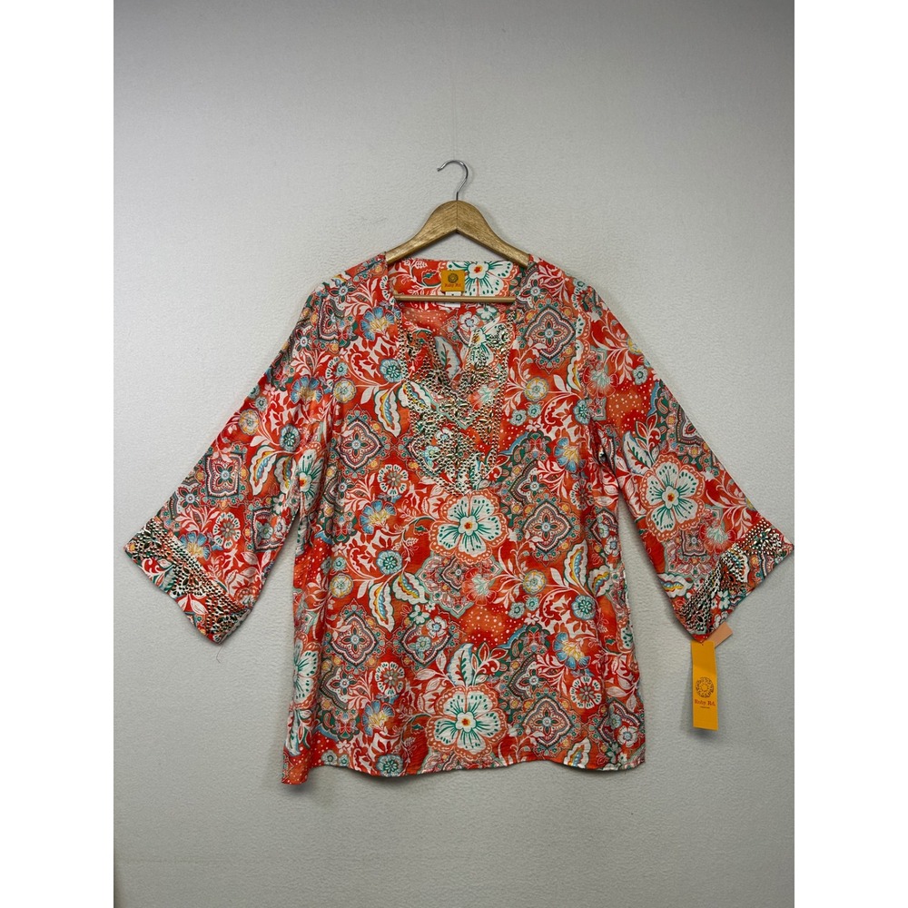 Boho Embellished Ruby Rd. Womens M Orange Paisley Floral Studded Tunic Top